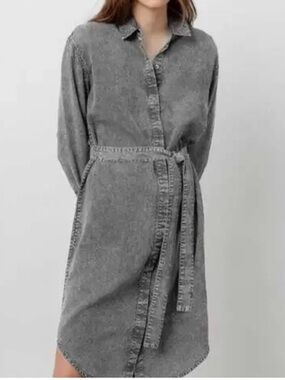 Avec Les Filles Gray Washed Denim Shirt Dress with Tie Belt